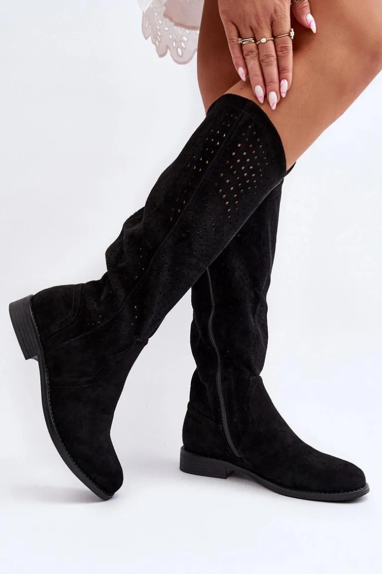 S.Barski HY66-150 Ażurowe Kozaki Na Płaskim Obcasie Czarne