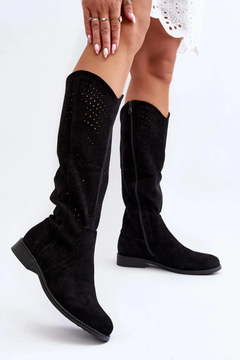 S.Barski HY66-150 Ażurowe Kozaki Na Płaskim Obcasie Czarne