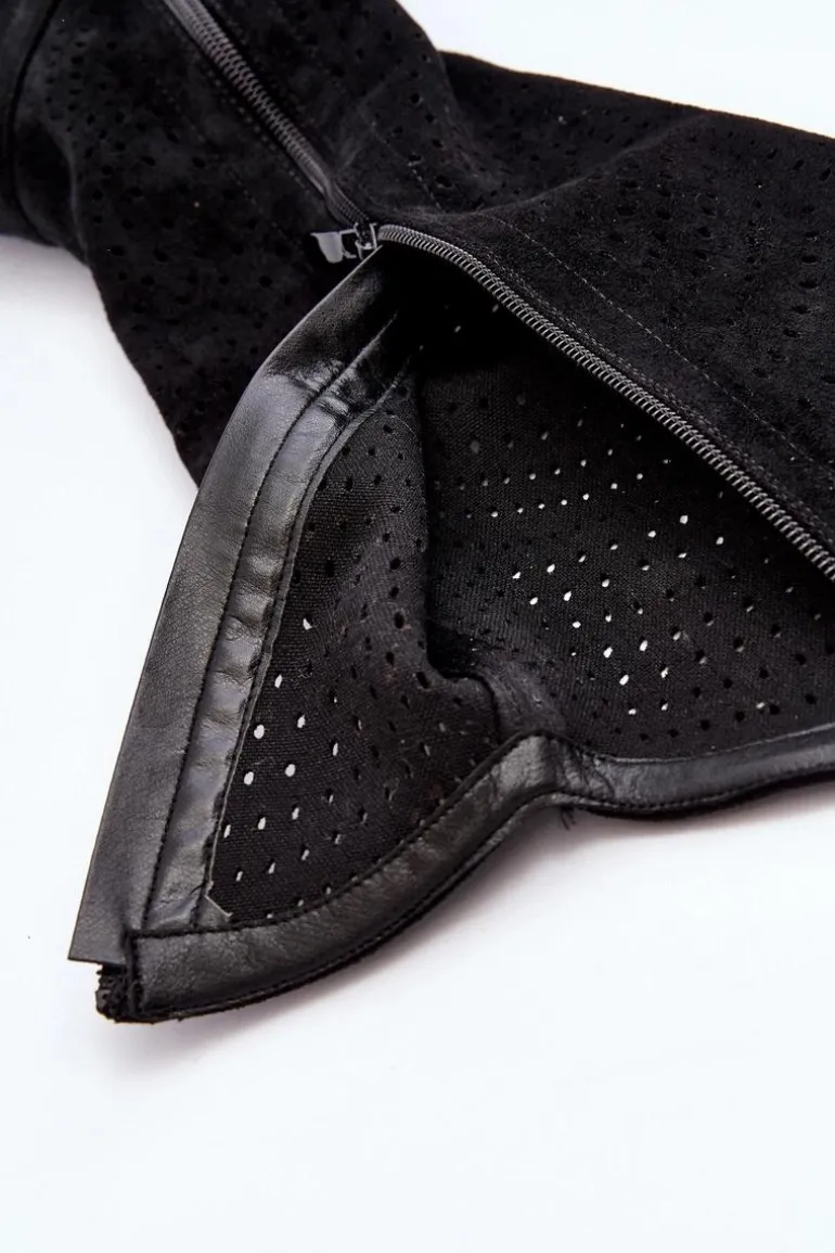 S.Barski HY66-150 Ażurowe Kozaki Na Płaskim Obcasie Czarne