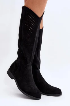 S.Barski HY66-150 Ażurowe Kozaki Na Płaskim Obcasie Czarne