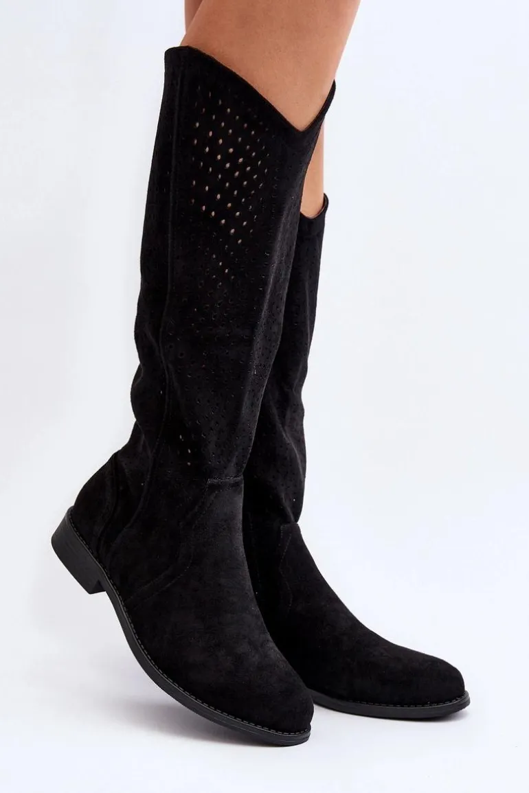 S.Barski HY66-150 Ażurowe Kozaki Na Płaskim Obcasie Czarne