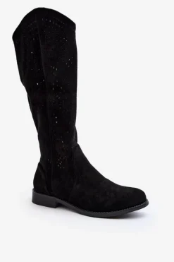 S.Barski HY66-150 Ażurowe Kozaki Na Płaskim Obcasie Czarne