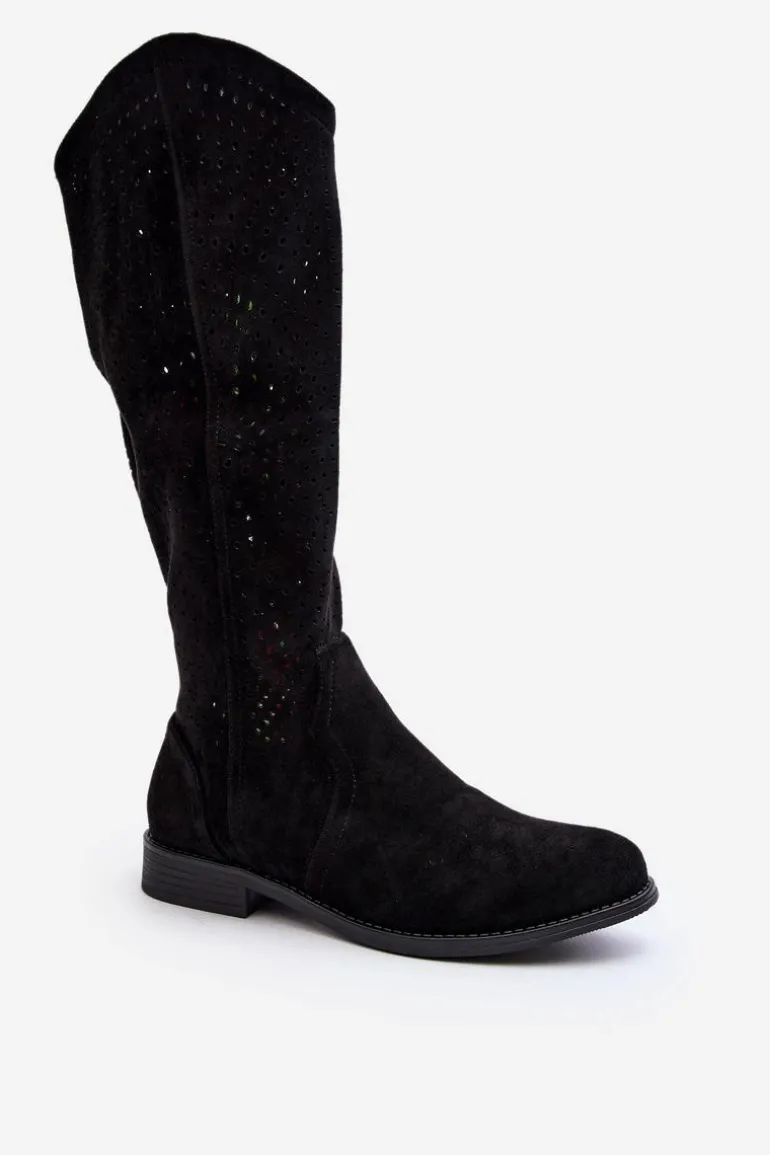 S.Barski HY66-150 Ażurowe Kozaki Na Płaskim Obcasie Czarne