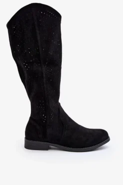 S.Barski HY66-150 Ażurowe Kozaki Na Płaskim Obcasie Czarne