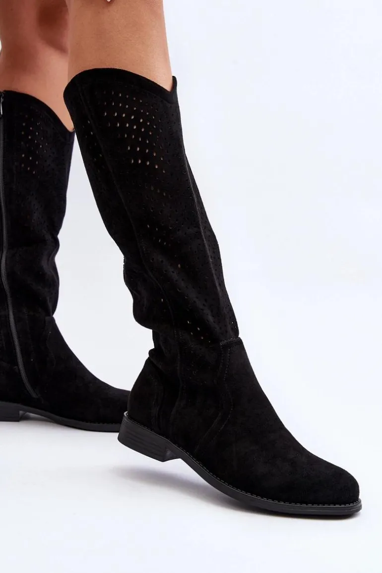 S.Barski HY66-150 Ażurowe Kozaki Na Płaskim Obcasie Czarne