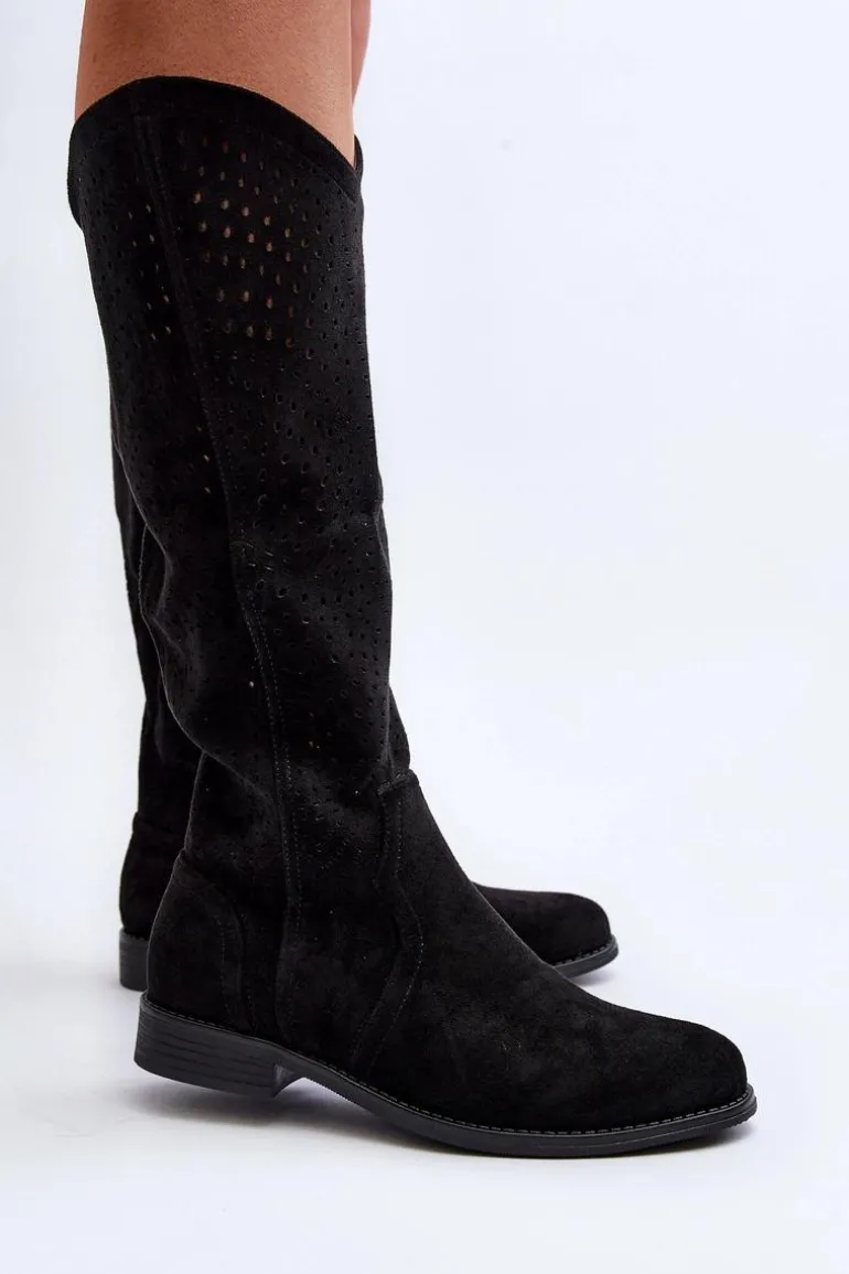 S.Barski HY66-150 Ażurowe Kozaki Na Płaskim Obcasie Czarne