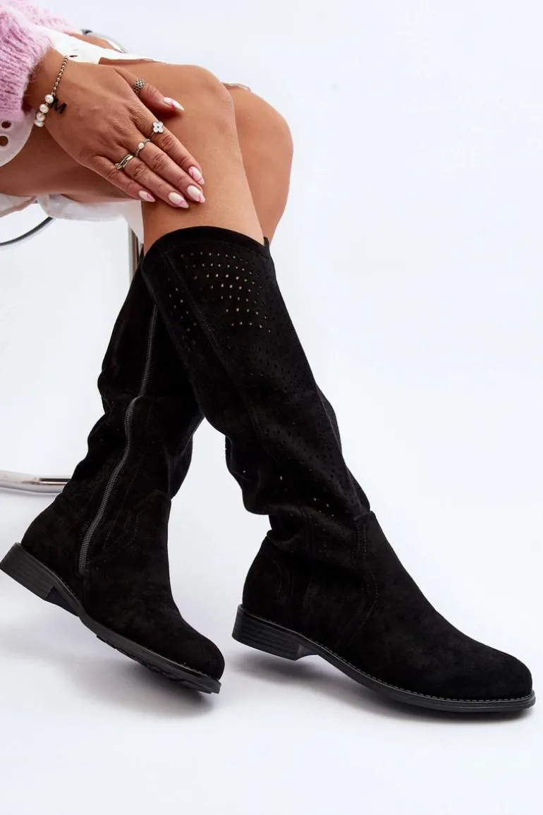 S.Barski HY66-150 Ażurowe Kozaki Na Płaskim Obcasie Czarne