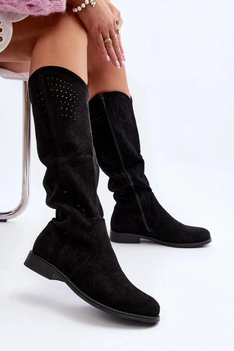 S.Barski HY66-150 Ażurowe Kozaki Na Płaskim Obcasie Czarne