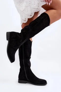 S.Barski HY66-150 Ażurowe Kozaki Na Płaskim Obcasie Czarne