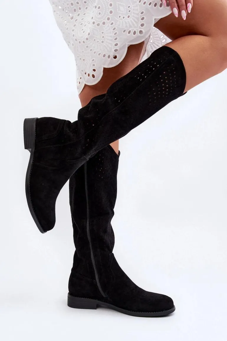 S.Barski HY66-150 Ażurowe Kozaki Na Płaskim Obcasie Czarne