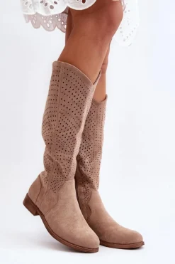 S.Barski HY66-150 Ażurowe Kozaki Na Płaskim Obcasie Beżowe