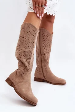 S.Barski HY66-150 Ażurowe Kozaki Na Płaskim Obcasie Beżowe