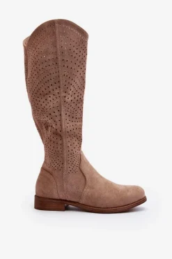 S.Barski HY66-150 Ażurowe Kozaki Na Płaskim Obcasie Beżowe