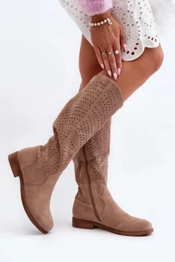 S.Barski HY66-150 Ażurowe Kozaki Na Płaskim Obcasie Beżowe