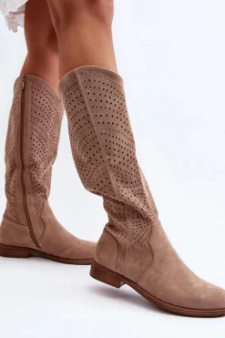 S.Barski HY66-150 Ażurowe Kozaki Na Płaskim Obcasie Beżowe