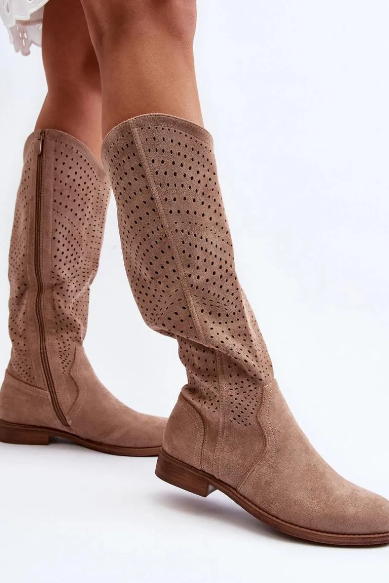 S.Barski HY66-150 Ażurowe Kozaki Na Płaskim Obcasie Beżowe