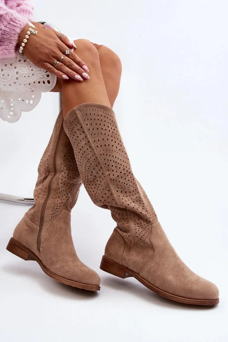 S.Barski HY66-150 Ażurowe Kozaki Na Płaskim Obcasie Beżowe