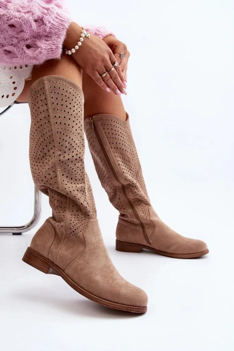 S.Barski HY66-150 Ażurowe Kozaki Na Płaskim Obcasie Beżowe