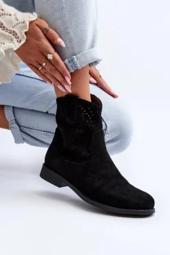 S.Barski HY66-135 Damskie Ażurowe Botki Na Płaskim Obcasie Czarne