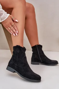 S.Barski HY66-135 Damskie Ażurowe Botki Na Płaskim Obcasie Czarne