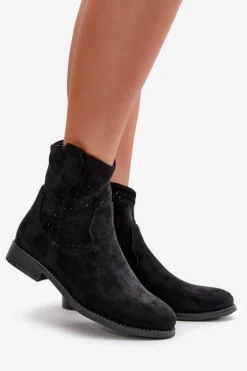 S.Barski HY66-135 Damskie Ażurowe Botki Na Płaskim Obcasie Czarne