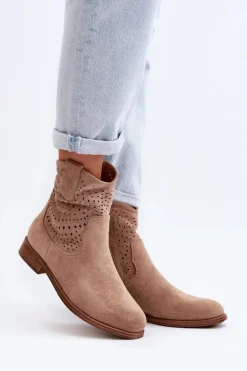 S.Barski HY66-135 Damskie Ażurowe Botki Na Płaskim Obcasie Beżowe