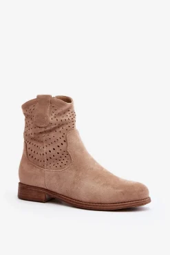 S.Barski HY66-135 Damskie Ażurowe Botki Na Płaskim Obcasie Beżowe