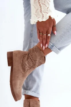 S.Barski HY66-135 Damskie Ażurowe Botki Na Płaskim Obcasie Beżowe