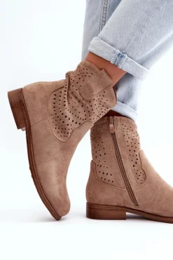 S.Barski HY66-135 Damskie Ażurowe Botki Na Płaskim Obcasie Beżowe