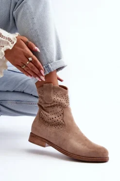 S.Barski HY66-135 Damskie Ażurowe Botki Na Płaskim Obcasie Beżowe