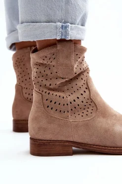 S.Barski HY66-135 Damskie Ażurowe Botki Na Płaskim Obcasie Beżowe