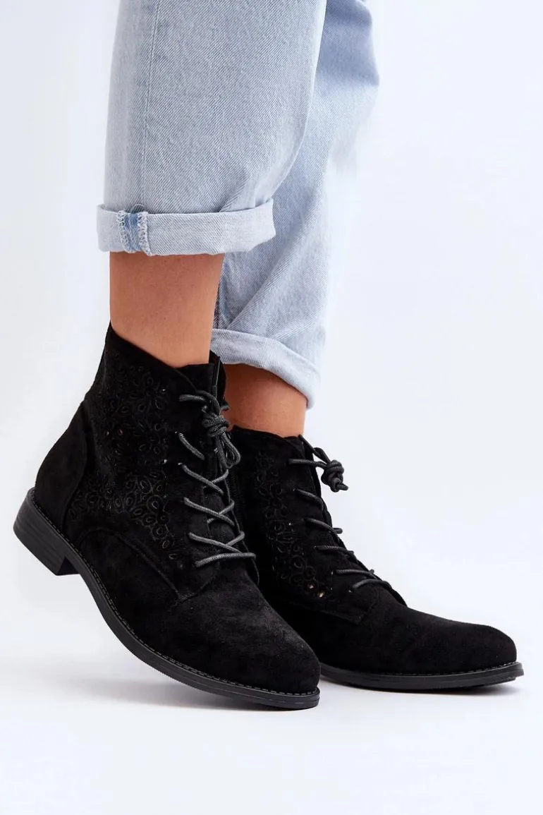 S.Barski HY66-136 Damskie Botki Ze Wzorem Czarne