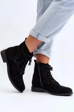 S.Barski HY66-136 Damskie Botki Ze Wzorem Czarne