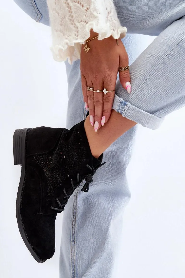 S.Barski HY66-136 Damskie Botki Ze Wzorem Czarne