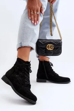 S.Barski HY66-136 Damskie Botki Ze Wzorem Czarne