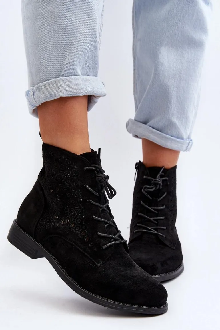 S.Barski HY66-136 Damskie Botki Ze Wzorem Czarne