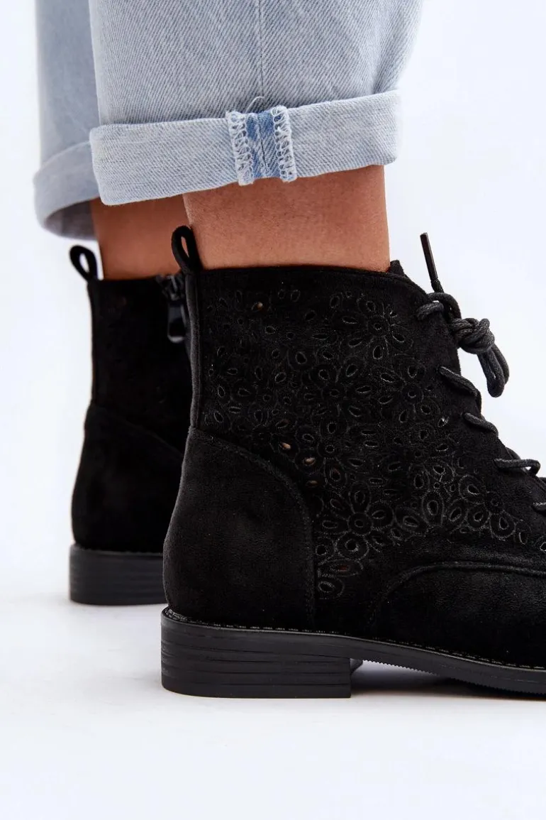 S.Barski HY66-136 Damskie Botki Ze Wzorem Czarne