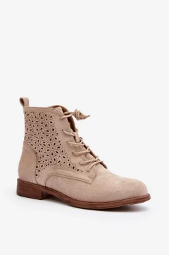 S.Barski HY66-136 Damskie Botki Ze Wzorem Jasnobeżowe