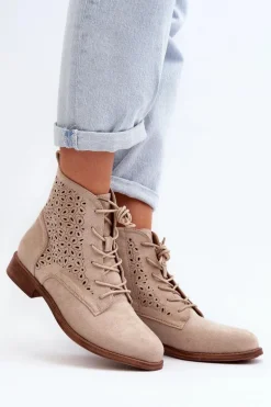 S.Barski HY66-136 Damskie Botki Ze Wzorem Jasnobeżowe