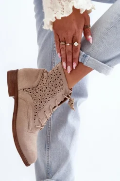 S.Barski HY66-136 Damskie Botki Ze Wzorem Jasnobeżowe