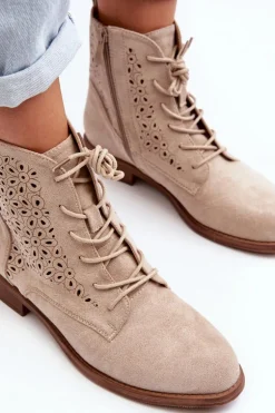 S.Barski HY66-136 Damskie Botki Ze Wzorem Jasnobeżowe