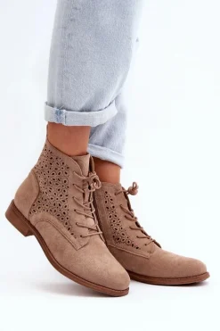 S.Barski HY66-136 Damskie Botki Ze Wzorem Beżowe