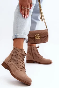 S.Barski HY66-136 Damskie Botki Ze Wzorem Beżowe