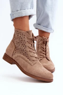 S.Barski HY66-136 Damskie Botki Ze Wzorem Beżowe