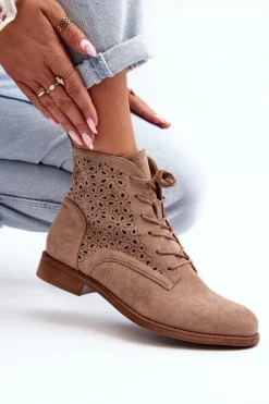 S.Barski HY66-136 Damskie Botki Ze Wzorem Beżowe