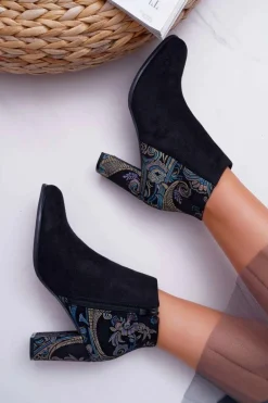 Sergio Leone Czarne Botki Na Słupku Kwiaty Folk Eros