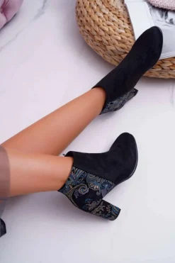 Sergio Leone Czarne Botki Na Słupku Kwiaty Folk Eros