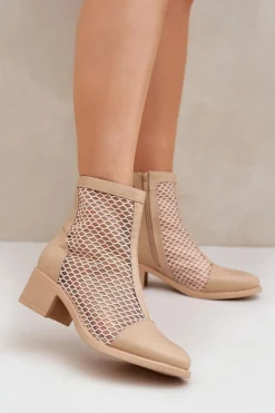 Siateczkowe Botki Damskie Na Obcasie Beżowe Lithyia