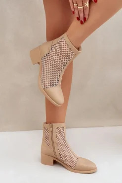 Siateczkowe Botki Damskie Na Obcasie Beżowe Lithyia
