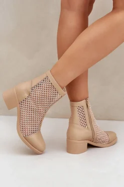 Siateczkowe Botki Damskie Na Obcasie Beżowe Lithyia